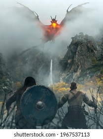 Two Warriors Vikings Fight Against A Big Fire Dragon In A Battle On Mountains With Fog And Mist - Concept Art - 3D Rendering