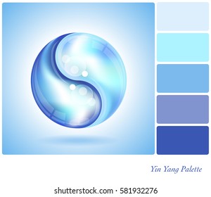 Two water drops forming the shape of a Yin Yang. In a colour palette with complimentary colour swatches. 