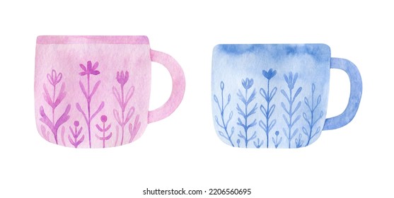 Two watercolor tea cups isolated on white background. Cute hand-drawn coffee mug. Cozy home kitchen design. Hot drinks for breakfast - Powered by Shutterstock