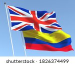 Two waving state flags of United Kingdom and Colombia on the blue sky. High - quality business background. 3d illustration