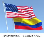 Two waving state flags of United States and Colombia on the blue sky. High - quality business background. 3d illustration