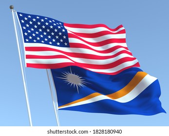 Two waving state flags of United States and Marshall Islands on the blue sky. High - quality business background. 3d illustration