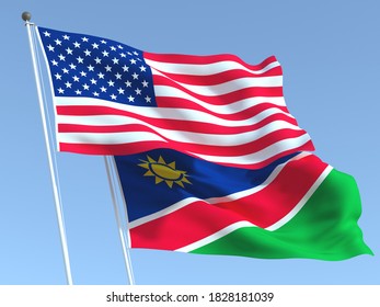 Two waving state flags of United States and Namibia on the blue sky. High - quality business background. 3d illustration