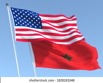 Two waving state flags of United States and Morocco on the blue sky. High - quality business background. 3d illustration