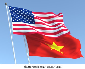 Two waving state flags of United States and Vietnam on the blue sky. High - quality business background. 3d illustration