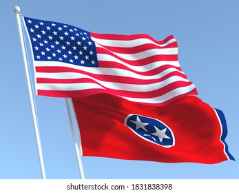 Two Waving State Flags Of United States And Tennessee State On The Blue Sky. High - Quality Business Background. 3d Illustration