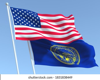 Two waving state flags of United States and Nebraska state on the blue sky. High - quality business background. 3d illustration