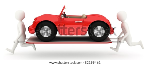 Two\
white 3d men running with broken red car on\
stretcher