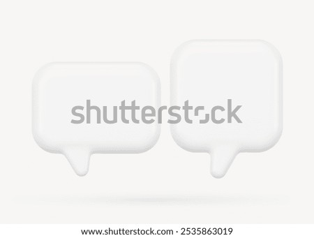 Two white 3D speech bubbles on a light background. Minimalist design with shadows. Perfect for communication, chat, or dialogue concepts. Cute 3D illustration of speech bubble, communication.