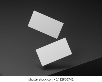 Two White Business Cards Mockup Flying Above Black Cube, 3d Rendering