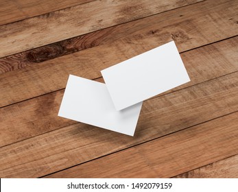 Two White Business Cards Mockup Flying Above Wooden Table Background, 3d Rendering