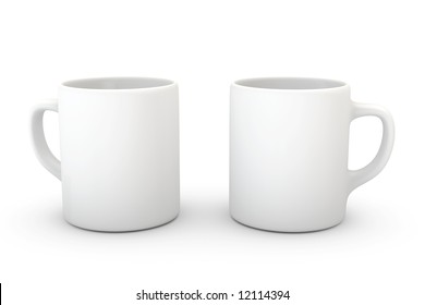 Two White Coffee Mugs Isolated Over A White Background.
