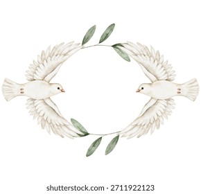 Two white doves facing each other wreath with olive leaves, watercolor artwork for memorial templates, wedding invitation, remembrance cards, spiritual greeting, or peace-themed design projects.