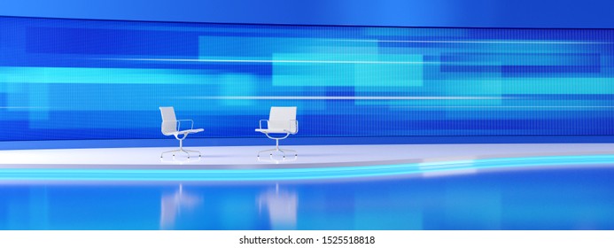 Two White, Empty Chairs In The Modern Tv Studio With The Wide Screen. 3D Render Illustration.