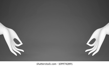 Two white hands in gyan mudra, yoga meditation calm peac concept, gray flat background with copy space, 3d illustration