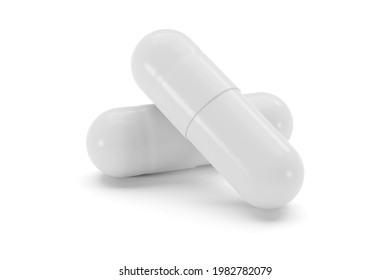 Two White Hard Starch Capsule Pills Isolated On White Background. 3d Rendering Illustration.