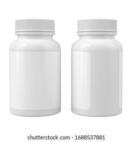 Two White Medicine Bottles Mockup. Blank Label Vitamin Template. Isolated On White. Pharmacy Jar. 3d Render