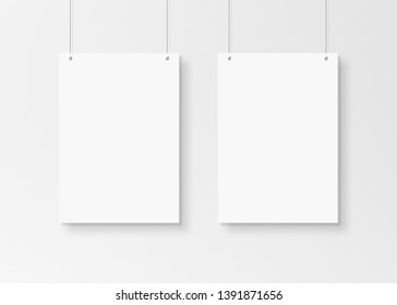 Two White Poster Isolated Hanging By Strings On Wall Mockup 3D Rendering