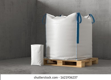 Two white sacks on the concrete floor. 3d render