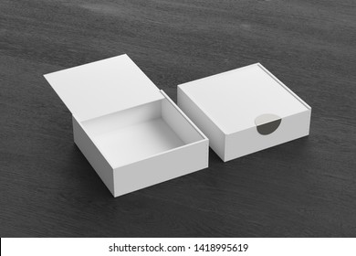 Two White Square Boxes With Sliding Lid On Black Wooden Background. Empty Opened And Closed Box. 3d Illustration