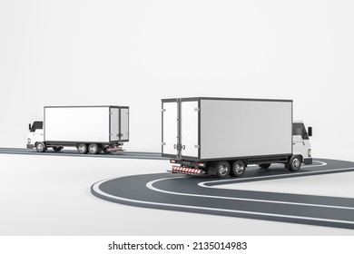 Two white trucks isolated over white background, moving on asphalt road. Concept of shipment and logistics. Mock up copy space for text and logo. 3D rendering