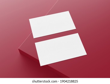 Two White US Business Card Mockup Laying On Red Background. American Size Calling Card Front And Back Laying On Colored Surface 3D Rendering