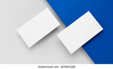 Two white US business card Mockup laying on blue and grey background. card front and back laying on colored surface 3D Illustration - Powered by Shutterstock