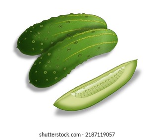 Two Whole Pickles With A Pickle Spear On Front On White Background With Shadow