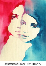 Two Women. Abstract Woman Silhouette. Fashion Illustration. Watercolor Painting
