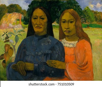 Two Women, by Paul Gauguin, 1901- 02, French Post-Impressionist painting, oil on canvas. Gauguin painted the two Tahitian women from a photograph