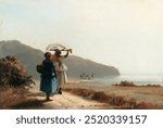 Two Women Chatting by the Sea, St. Thomas (1856) by Camille Pissarro. Vintage women at the sea landscape art drawing illustration, woman ladies sea scenery old painting art print.