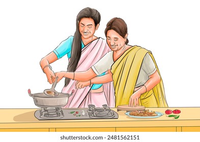 Two women cooking at kitchen, illustration, Art - Powered by Shutterstock