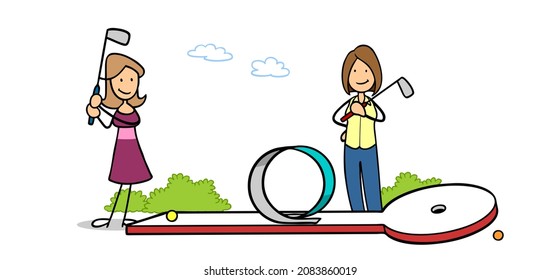 Two Women As Friends Or Couple Playing Mini Golf In Their Free Time