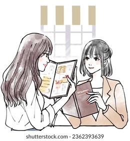 Two women looking at a menu list in a café - Powered by Shutterstock