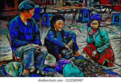 Two Women And A Men Selling Herbs From Tarp On Sidewalk, Oil Painting Artwork