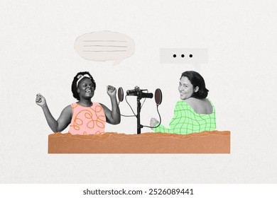 Two women recording podcast. One woman is wearing a headband, and the other is smiling. Women are using microphones for podcast. Podcasting and conversation theme. Women podcast radio banner collage. - Powered by Shutterstock