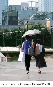 Two Women Walking Downtown City