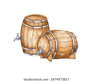 Two wooden barrels tap for beer, wine, cognac, rum, brandy and other alcoholic drinks watercolor illustration. Isolated from the background. Suitable for interior design, menus, product packaging. - Powered by Shutterstock