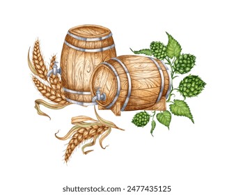 Two wooden barrels with a tap, hops and ears of wheat for beer, wine, cognac, rum, brandy and other alcoholic drinks watercolor illustration. Isolated from the background. Suitable for interior design - Powered by Shutterstock