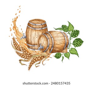 Two wooden barrels with tap, hops and ears of wheat and splashes for beer, wine, cognac, rum, brandy and other alcoholic drinks watercolor illustration. Isolated from the background. Suitable design - Powered by Shutterstock