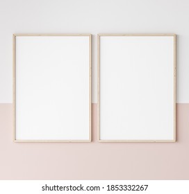 Two Wooden Frames On Pink And White Wall, Frame Mockup, 3d Render, 3d Illustration