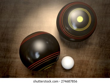 Two Wooden Lawn Bowling Balls Surrounding A White Jack On A Wooden Isolated Dark Studio Background