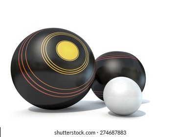 Two wooden lawn bowling balls surrounding a white jack on an isolated white studio background