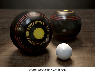 Two Wooden Lawn Bowling Balls Surrounding A White Jack On A Wooden Isolated Dark Studio Background