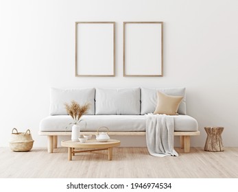 Two wooden vertical frames mockup in living room interior with gray sofa, beige pillow, dried Pampas grass on caned table and Japandi style decor on empty wall background. 3D rendering, illustration