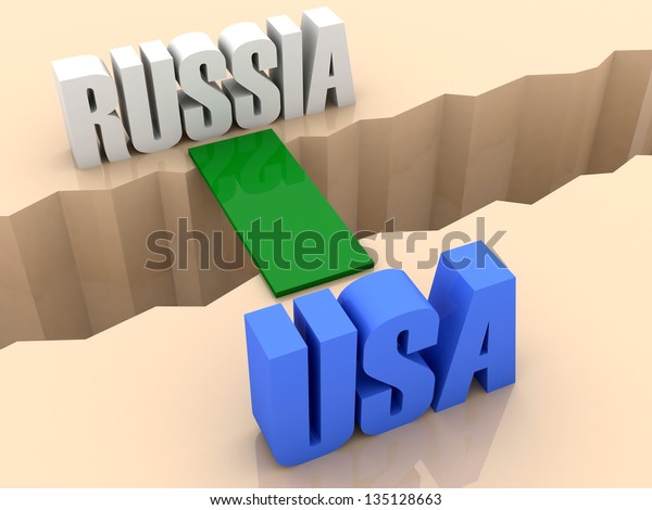 Two words RUSSIA and USA united\
by bridge through separation crack. Concept 3D\
illustration.