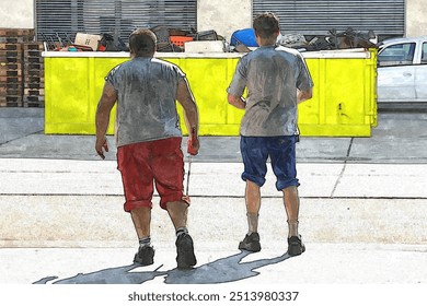 Two workers with rolled-up pants, drenched in sweat, walk out of a production hall, seen from behind. Climate change makes working conditions more difficult. Image in watercolor style.