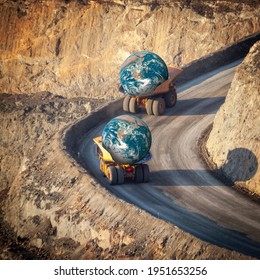 Two worlds. Depicting overconsumption of planets resources. Industrial trucks move two Earths which are needed for our consumption and to absorb our waste. Elements of the image furnished by NASA.
