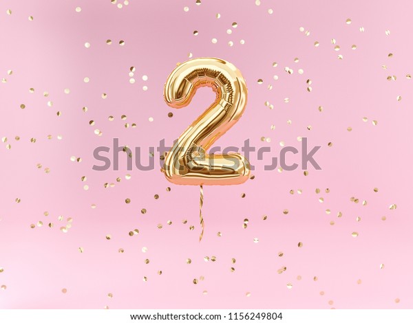 Two year birthday.
Number 2 flying foil balloon and confetti. Two-year anniversary
background. 3d
rendering