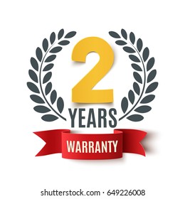 Two Years Warranty background with red ribbon and olive branch on white. Poster, label, badge or brochure template design.